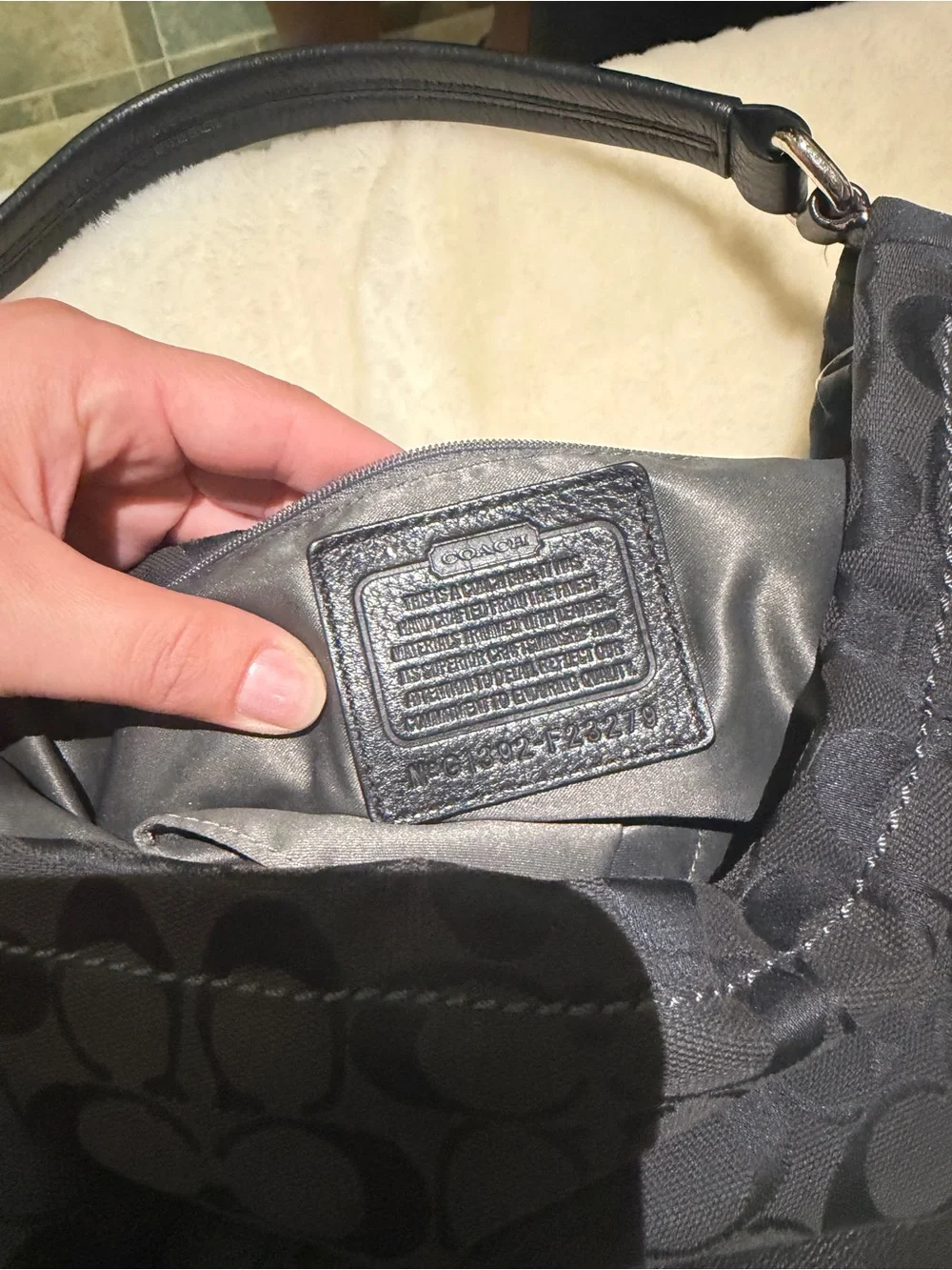 Coach Black Signature Shoulder Bag with Leather Trim